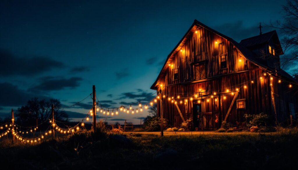 A photograph of an old barn illuminated by vintage-style lights