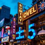 A photograph of a vibrant urban setting at dusk