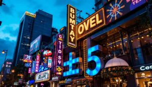 A photograph of a vibrant urban setting at dusk