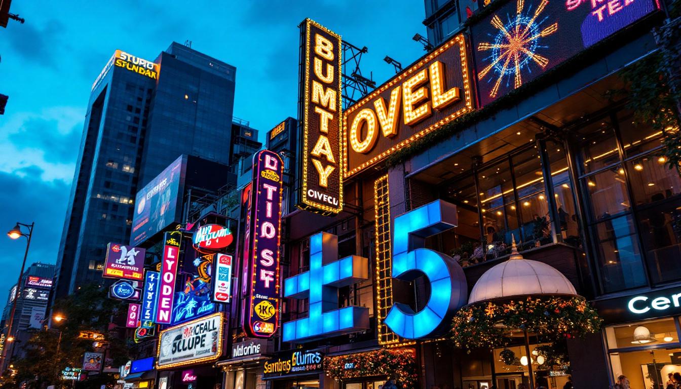 A photograph of a vibrant urban setting at dusk