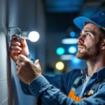 A photograph of a lighting contractor expertly installing a gu24 short led bulb in a modern fixture