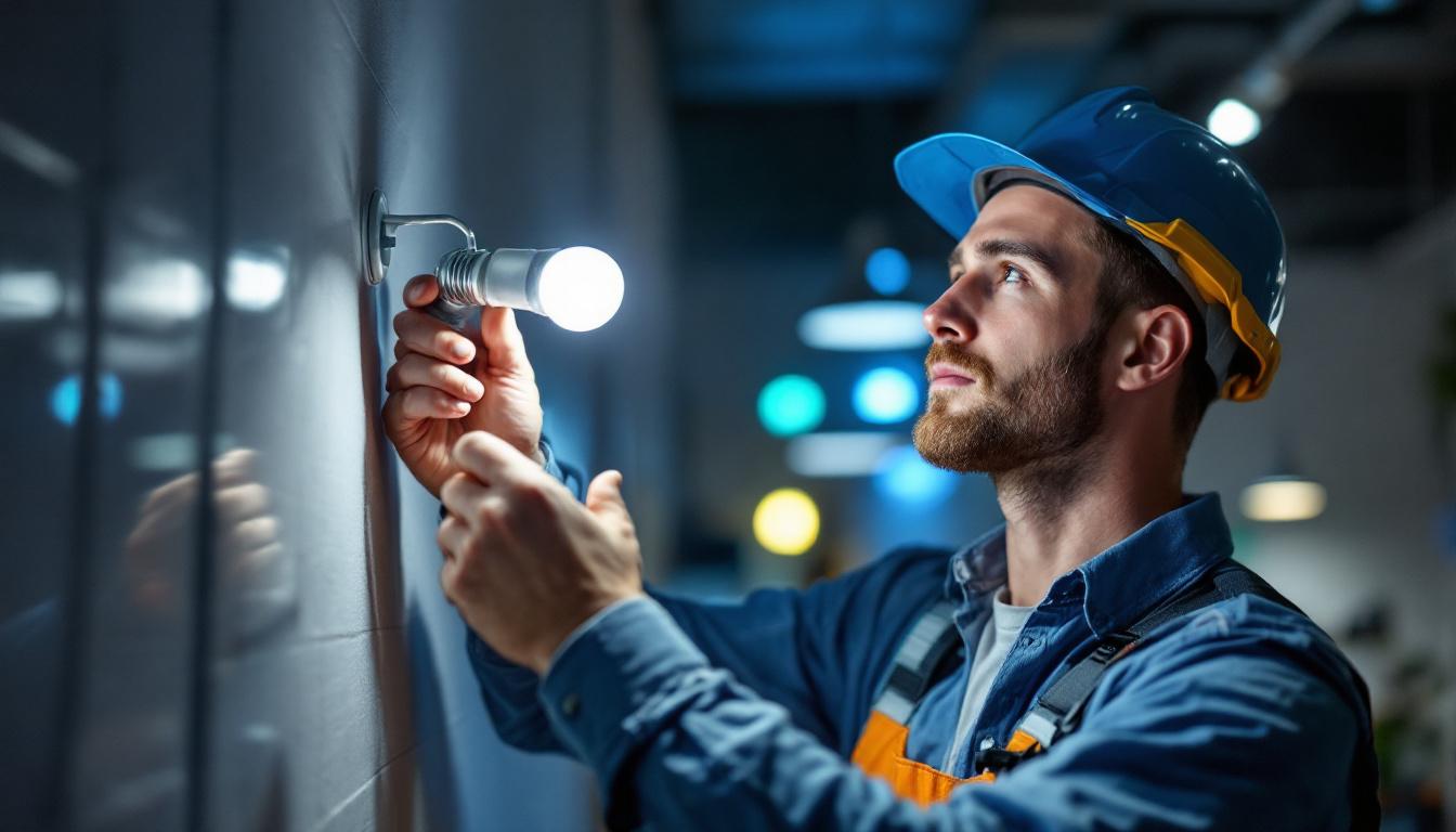 A photograph of a lighting contractor expertly installing a gu24 short led bulb in a modern fixture