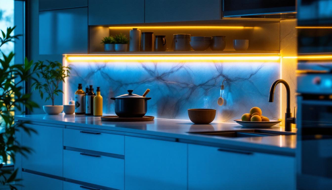 A photograph of a beautifully designed kitchen featuring stylish undercabinet led lighting