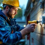 A photograph of a lighting contractor expertly installing a single pole outlet in a residential setting
