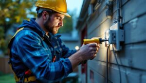 A photograph of a lighting contractor expertly installing a single pole outlet in a residential setting