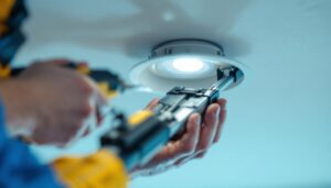 A photograph of a close-up shot of recessed lights being installed