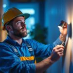 A photograph of a lighting contractor installing or showcasing small led fixtures in a residential or commercial setting