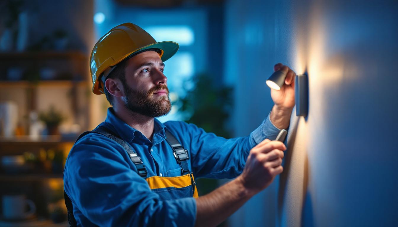A photograph of a lighting contractor installing or showcasing small led fixtures in a residential or commercial setting