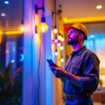 A photograph of a skilled lighting contractor at work