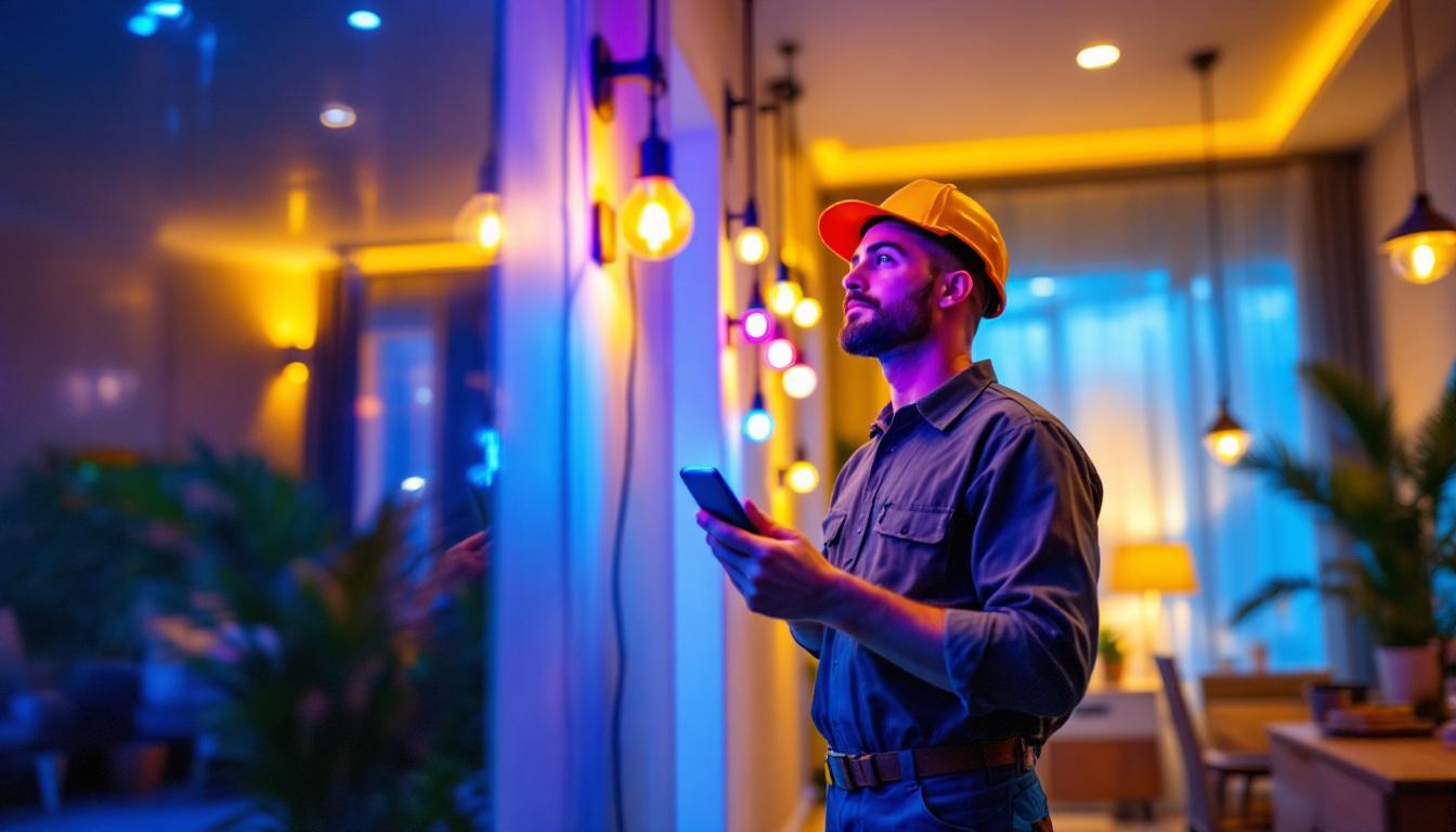 A photograph of a skilled lighting contractor at work