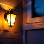 A photograph of a beautifully illuminated exterior house sconce mounted on a stylish facade during twilight