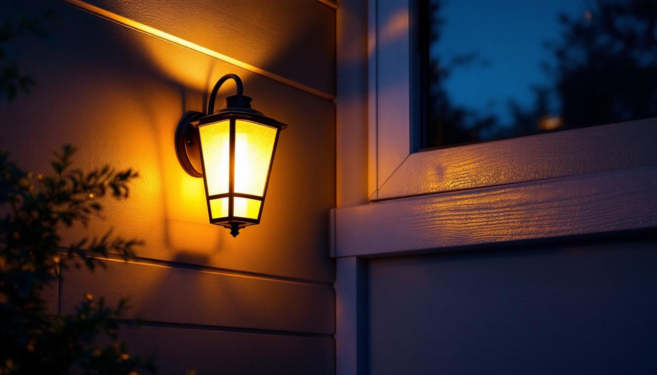 A photograph of a beautifully illuminated exterior house sconce mounted on a stylish facade during twilight