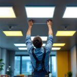 A photograph of a well-lit room featuring modern led panel ceiling lights