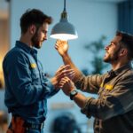 A photograph of a lighting contractor expertly installing or showcasing a modern led fixture in a well-lit