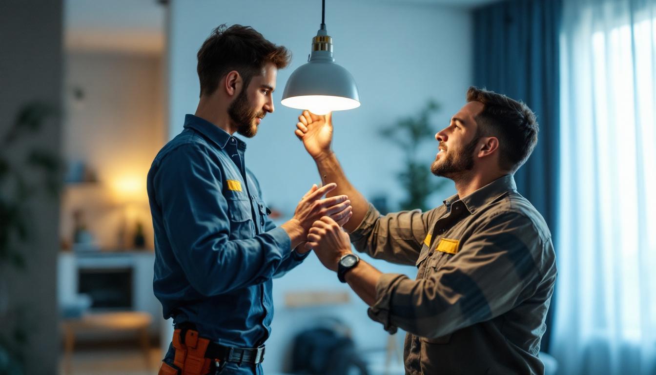 A photograph of a lighting contractor expertly installing or showcasing a modern led fixture in a well-lit