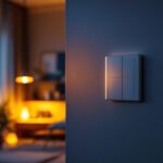 A photograph of a well-lit interior space featuring a stylish three-way switch in action
