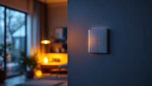 A photograph of a well-lit interior space featuring a stylish three-way switch in action