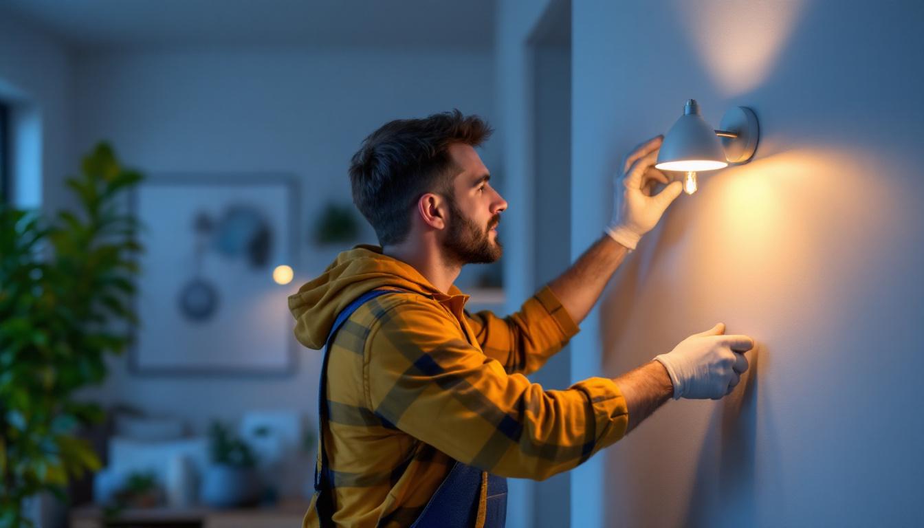 A photograph of a lighting contractor installing stylish side wall light fixtures in a modern home setting
