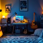 A photograph of a cozy bedroom music studio