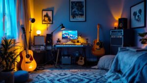 A photograph of a cozy bedroom music studio