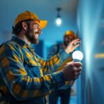 A photograph of a lighting contractor installing led bulbs in a residential or commercial setting