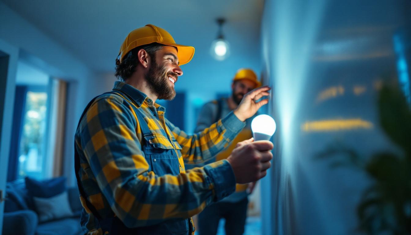 A photograph of a lighting contractor installing led bulbs in a residential or commercial setting