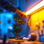 A photograph of a well-lit workspace featuring a person skillfully connecting a fluorescent lamp