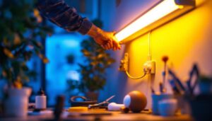 A photograph of a well-lit workspace featuring a person skillfully connecting a fluorescent lamp