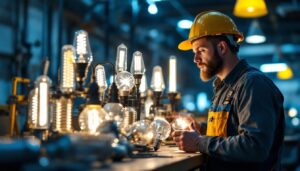 A photograph of a lighting contractor examining a variety of 8 ft led light bulbs in a well-lit workshop