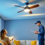 A photograph of a well-lit living space featuring a stylish ceiling fan with integrated lighting
