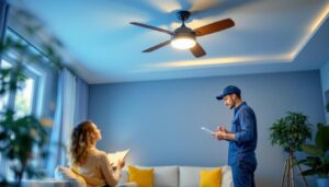 A photograph of a well-lit living space featuring a stylish ceiling fan with integrated lighting