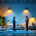 A photograph of a well-lit interior space showcasing various lighting solutions