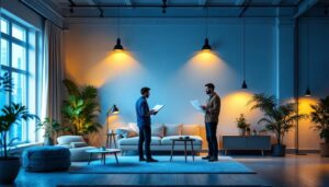 A photograph of a well-lit interior space showcasing various lighting solutions