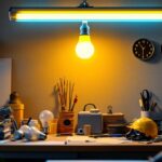 A photograph of a well-lit workspace featuring a 3ft fluorescent bulb installed in an overhead fixture