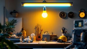A photograph of a well-lit workspace featuring a 3ft fluorescent bulb installed in an overhead fixture