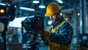 A photograph of a skilled lighting contractor in action