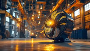 A photograph of a spacious warehouse interior showcasing a large industrial fan prominently installed near high ceilings