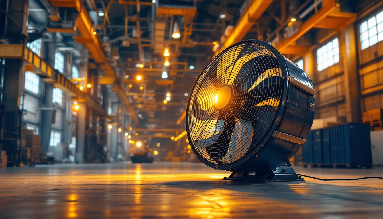 A photograph of a spacious warehouse interior showcasing a large industrial fan prominently installed near high ceilings