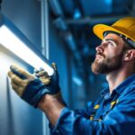 A photograph of a lighting contractor expertly installing a fluorescent t12 bulb in a commercial setting