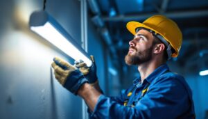 A photograph of a lighting contractor expertly installing a fluorescent t12 bulb in a commercial setting