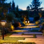 A photograph of a beautifully illuminated outdoor pathway featuring solar landscape path lights