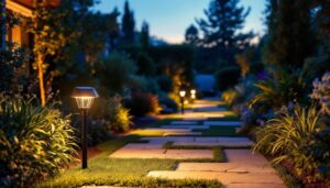 A photograph of a beautifully illuminated outdoor pathway featuring solar landscape path lights