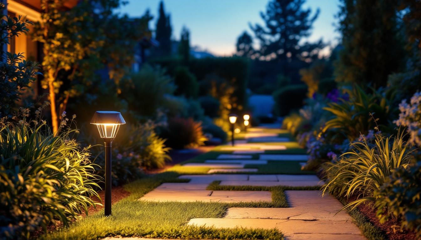 A photograph of a beautifully illuminated outdoor pathway featuring solar landscape path lights