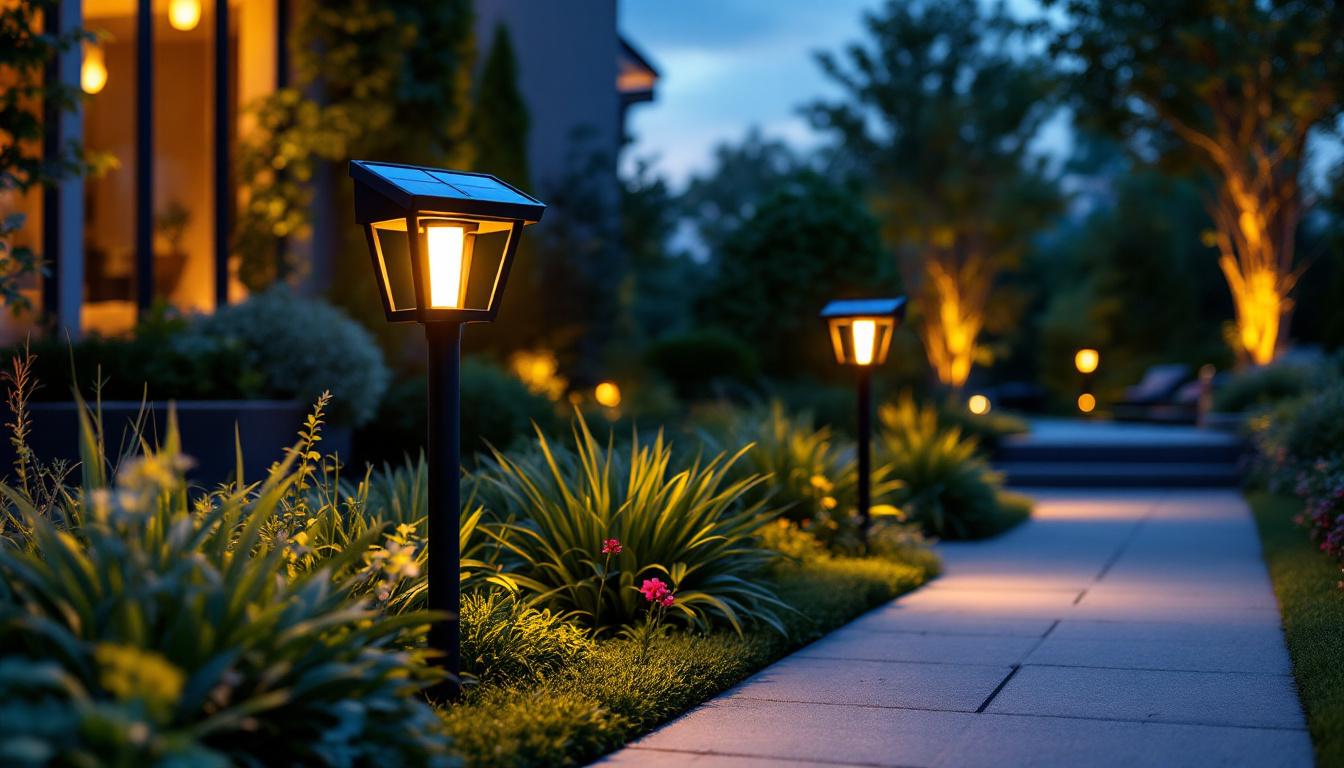 A photograph of a beautifully landscaped outdoor space illuminated by sleek black solar lights at dusk