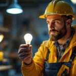 A photograph of a lighting contractor examining an a19 light bulb in a well-lit workspace
