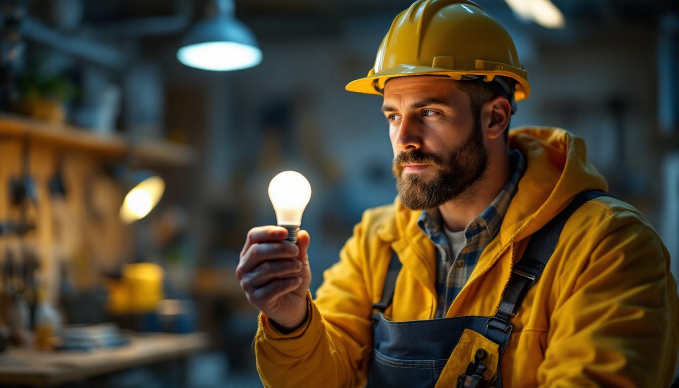 A photograph of a lighting contractor examining an a19 light bulb in a well-lit workspace