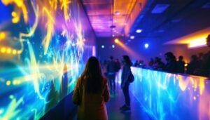A photograph of a dynamic lighting installation featuring the hi-hyperlite system in action