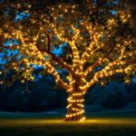 A photograph of a beautifully illuminated tree at dusk
