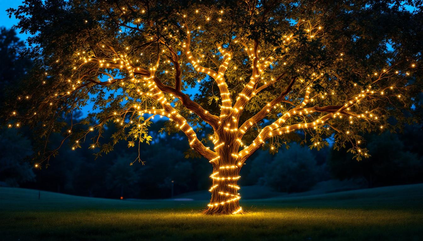 A photograph of a beautifully illuminated tree at dusk