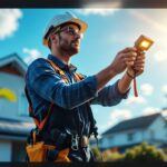 A photograph of a lighting contractor installing solar-powered headlights on a residential or commercial property